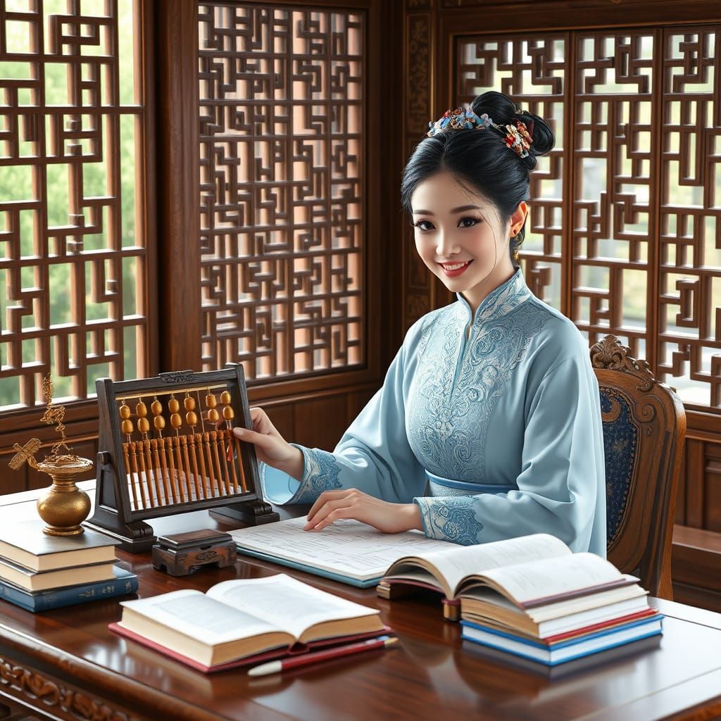 Chinese Girl with Abacus in Traditional Library