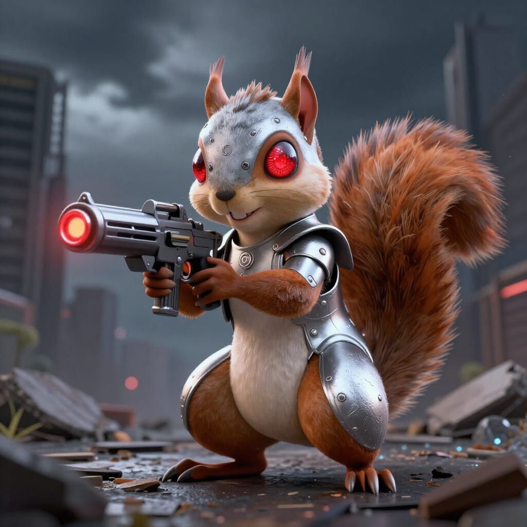 Cybernetic Squirrel Warrior in Ruined City