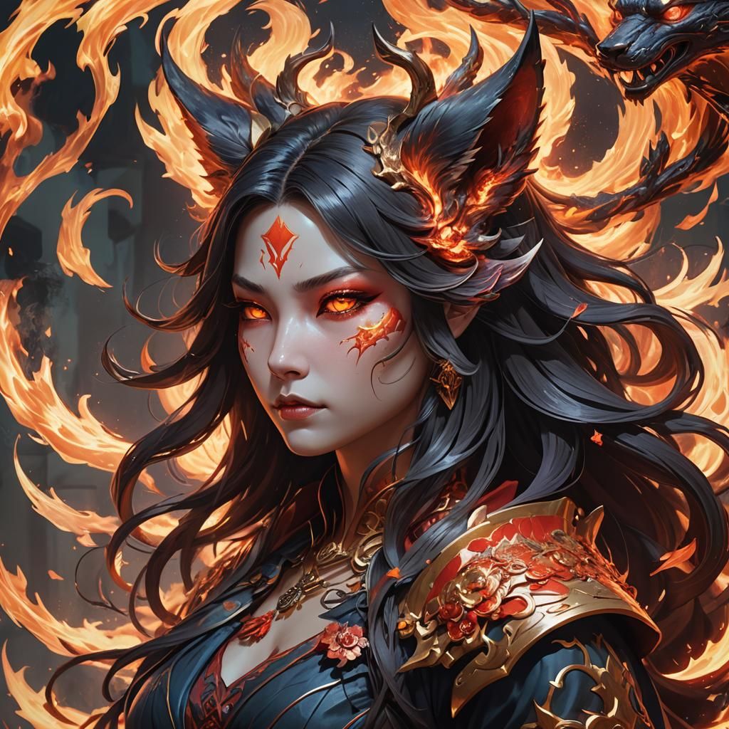Demonic Fire Kitsune Portrait in Hyperdetailed Style