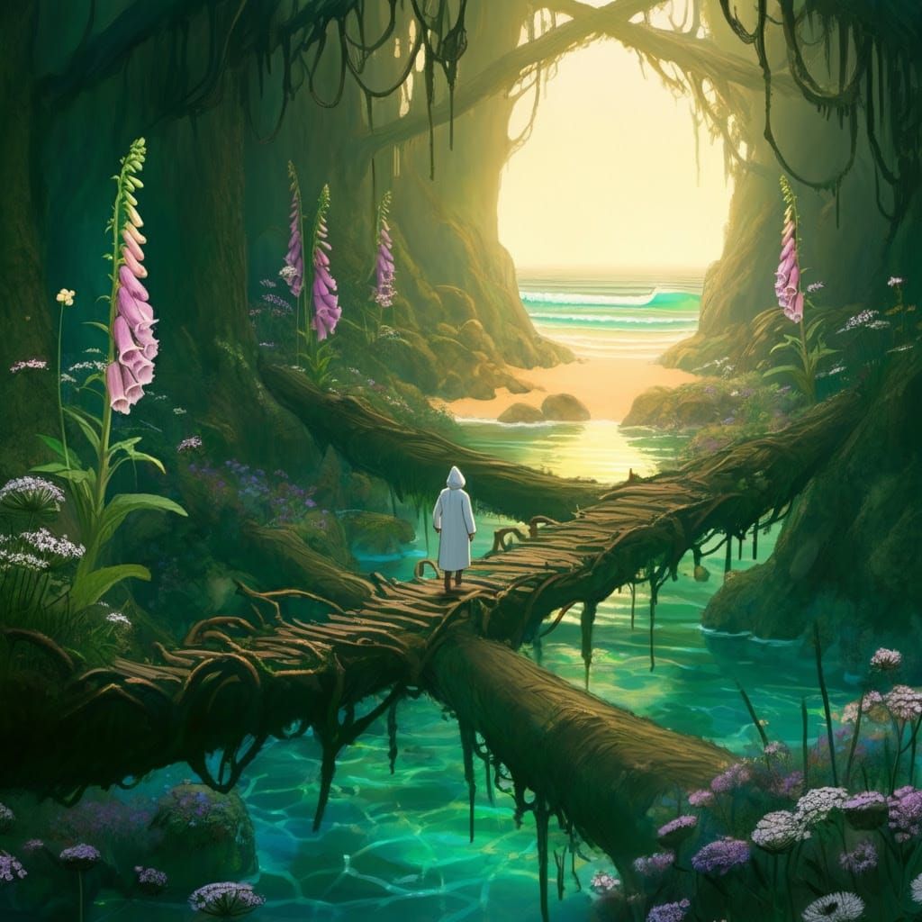 Ethereal Forest Wanderer Strolls Through Mossy Glen