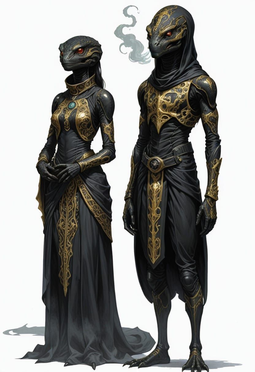 Extraterrestrial Salamander Couple in Heroic Fantasy Attire