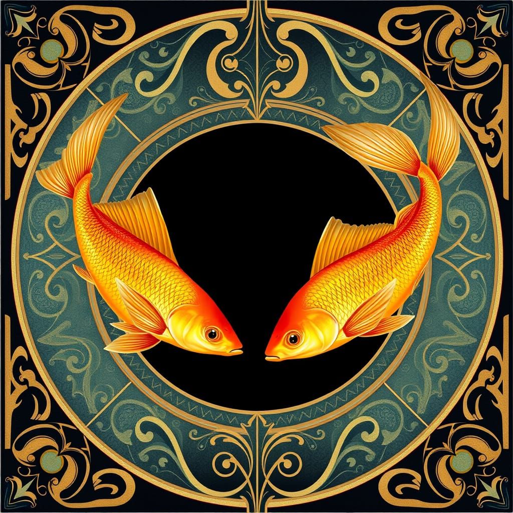 Golden Fish in Art Deco Aquatic Scene