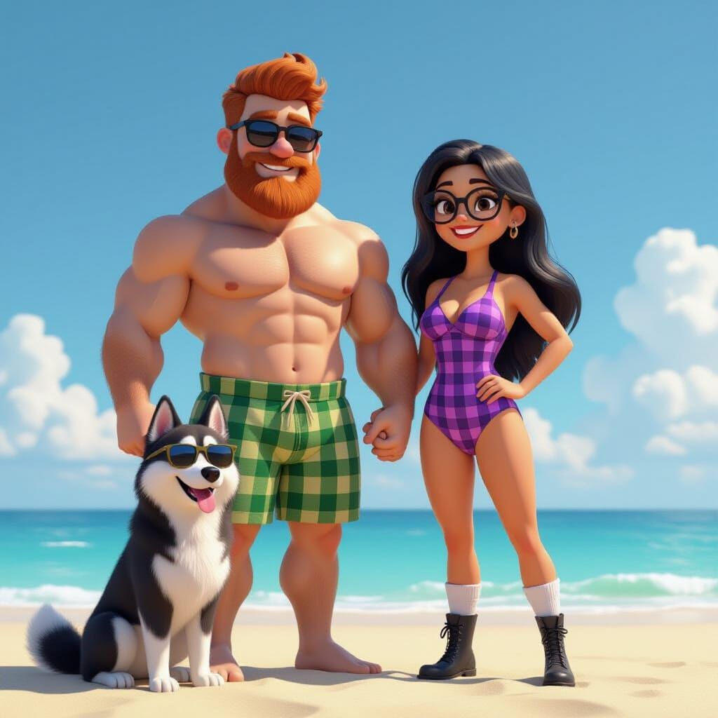 Beach Scene with Tartan and Husky, Pixar Style
