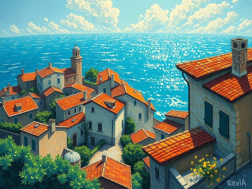 Italian Village Pointillist Painting by the Sea