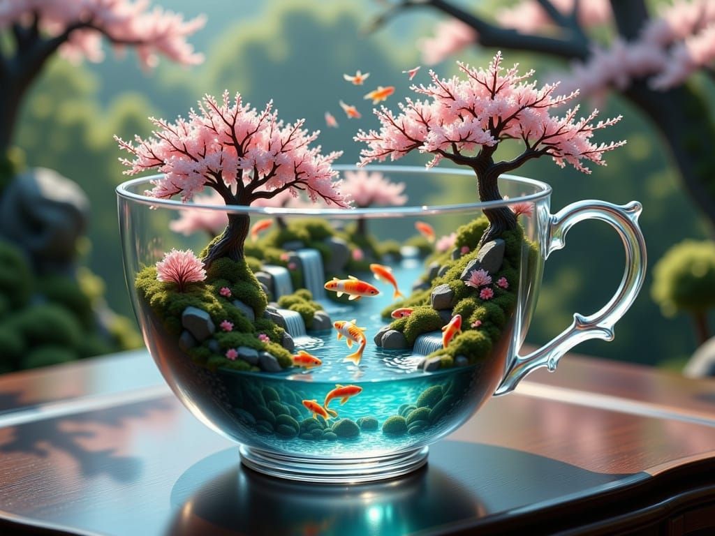 Crystal Teacup Garden With Koi and Dragons