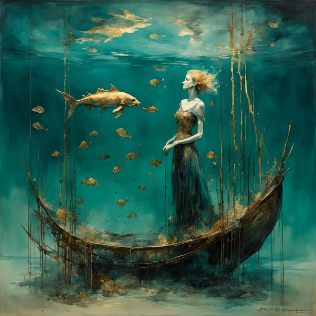 Surreal Mermaid with Golden Skeleton Body