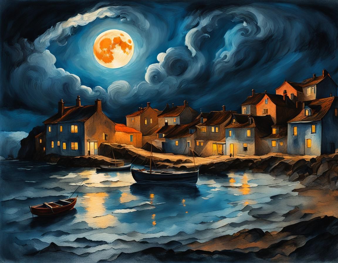 Luminous Moonlit Coastal Village in Detailed Realism