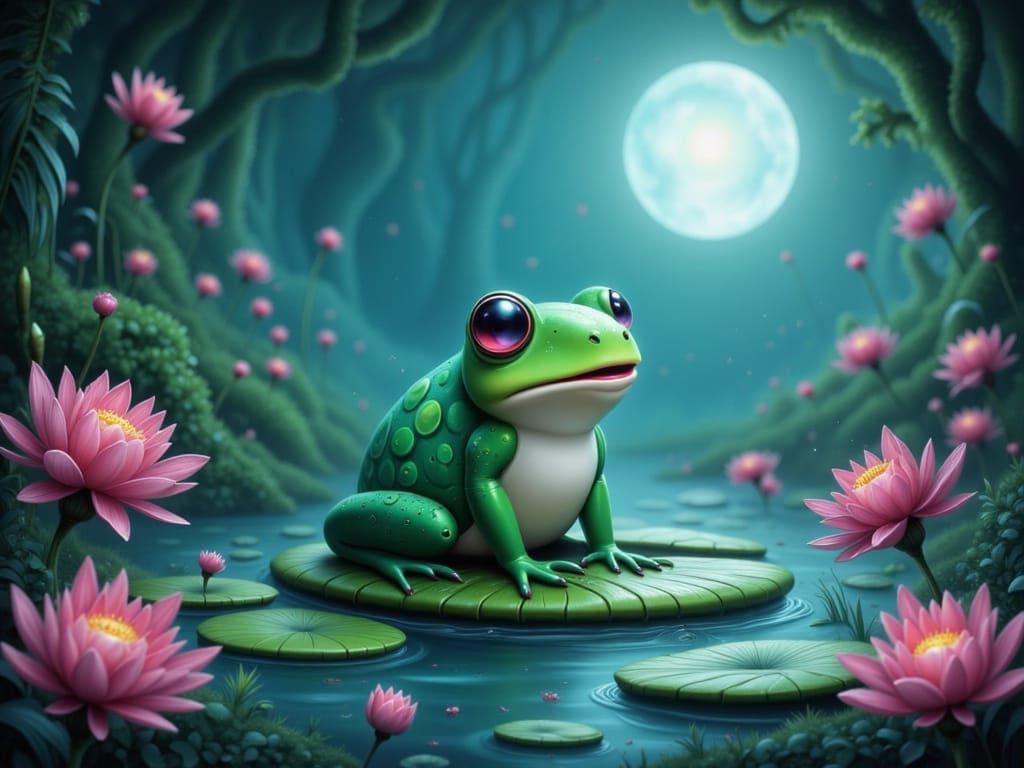 Adorable Chibi Frog on Lilypad Under Moonlight