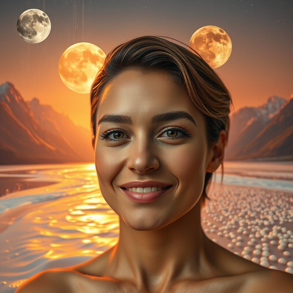 Radiant Individual in Opulent, Surreal Landscape with Glitte...