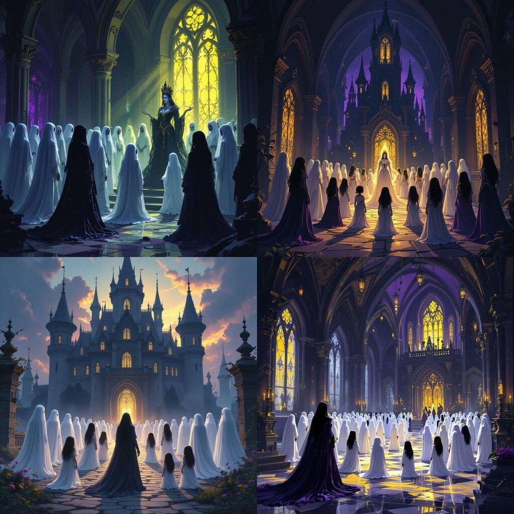 Dark Fantasy Castle Scene with Ghost Girls and Queen