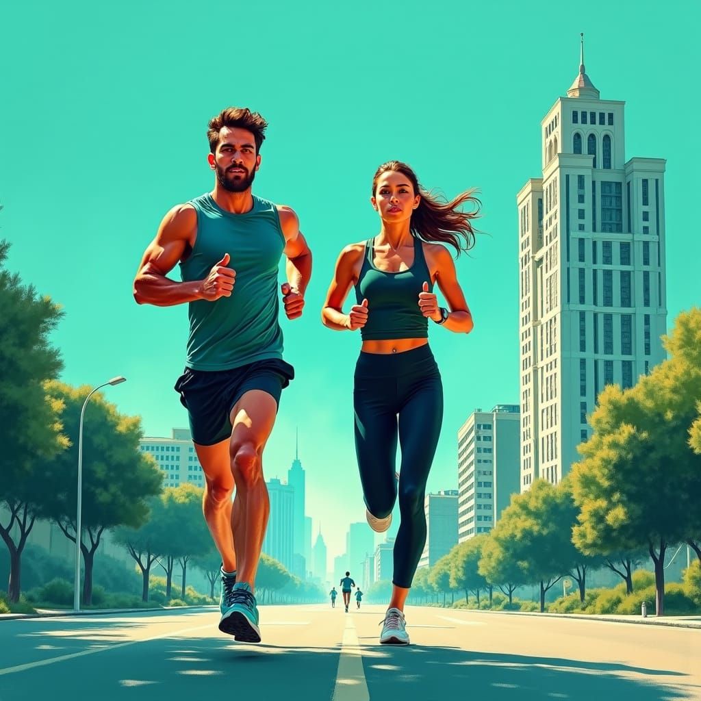 Marathon Runners in Teal Gouache Metropolis