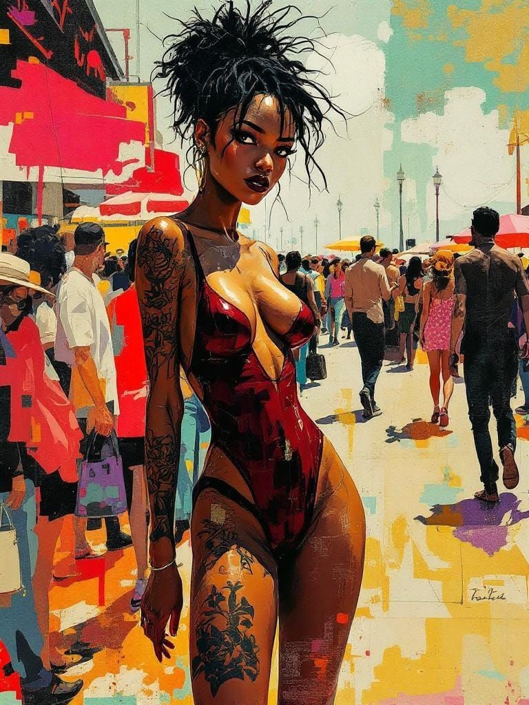 Jazz-Inspired Tattooed Woman on Boardwalk in Expressive Coll...