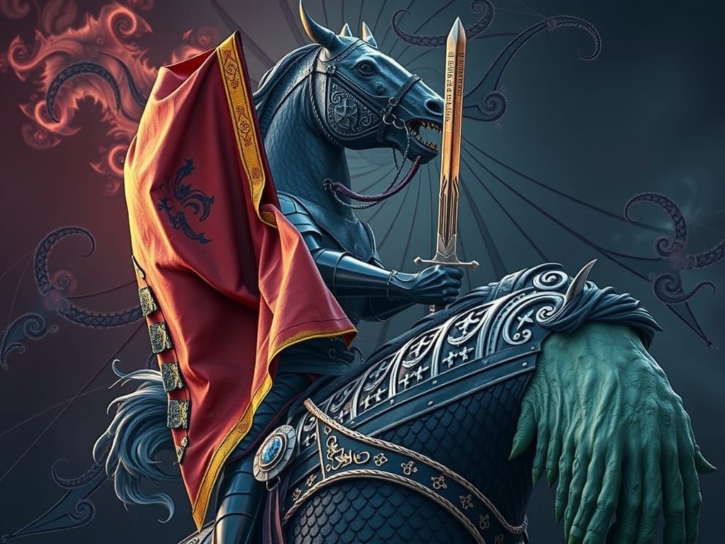 Heroic Swordsman Battles Orc in Fractal Landscape