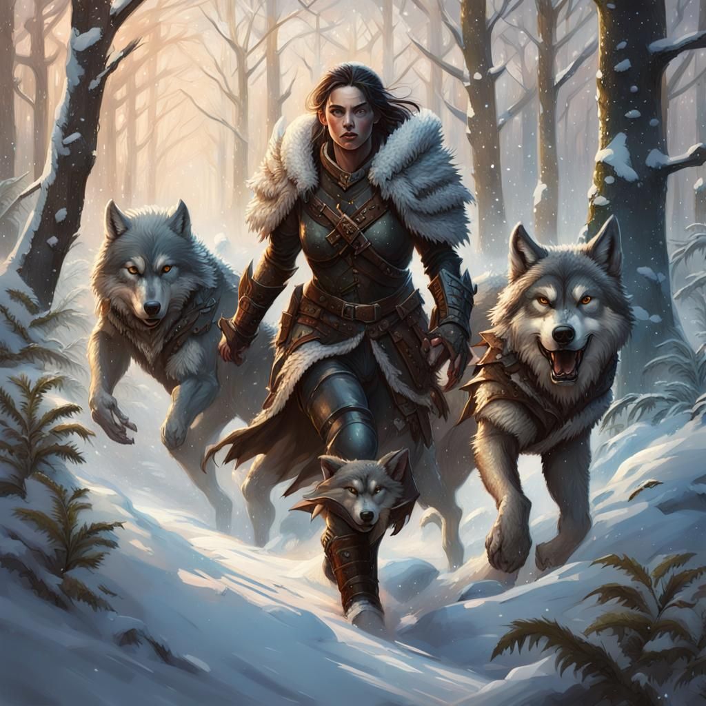 Orc Huntress with Wolves in Winter Woodland