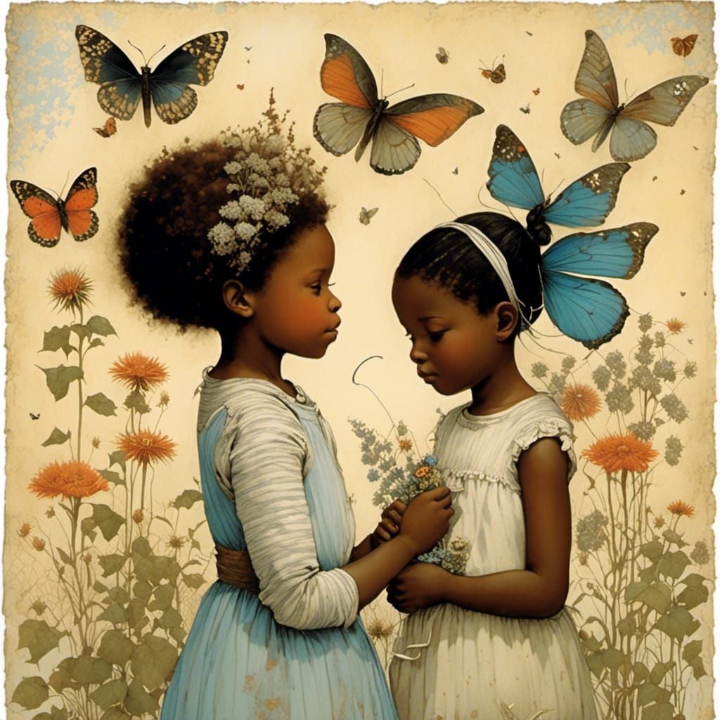 Black Family in Wildflower Garden, Illustrative Style