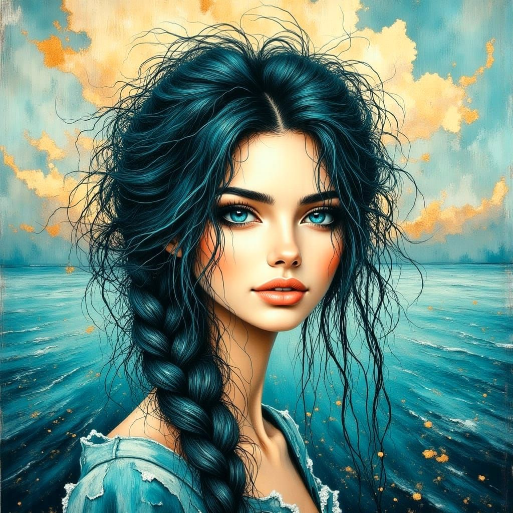 Aqua-Eyed Woman with Teal Braids by the Ocean