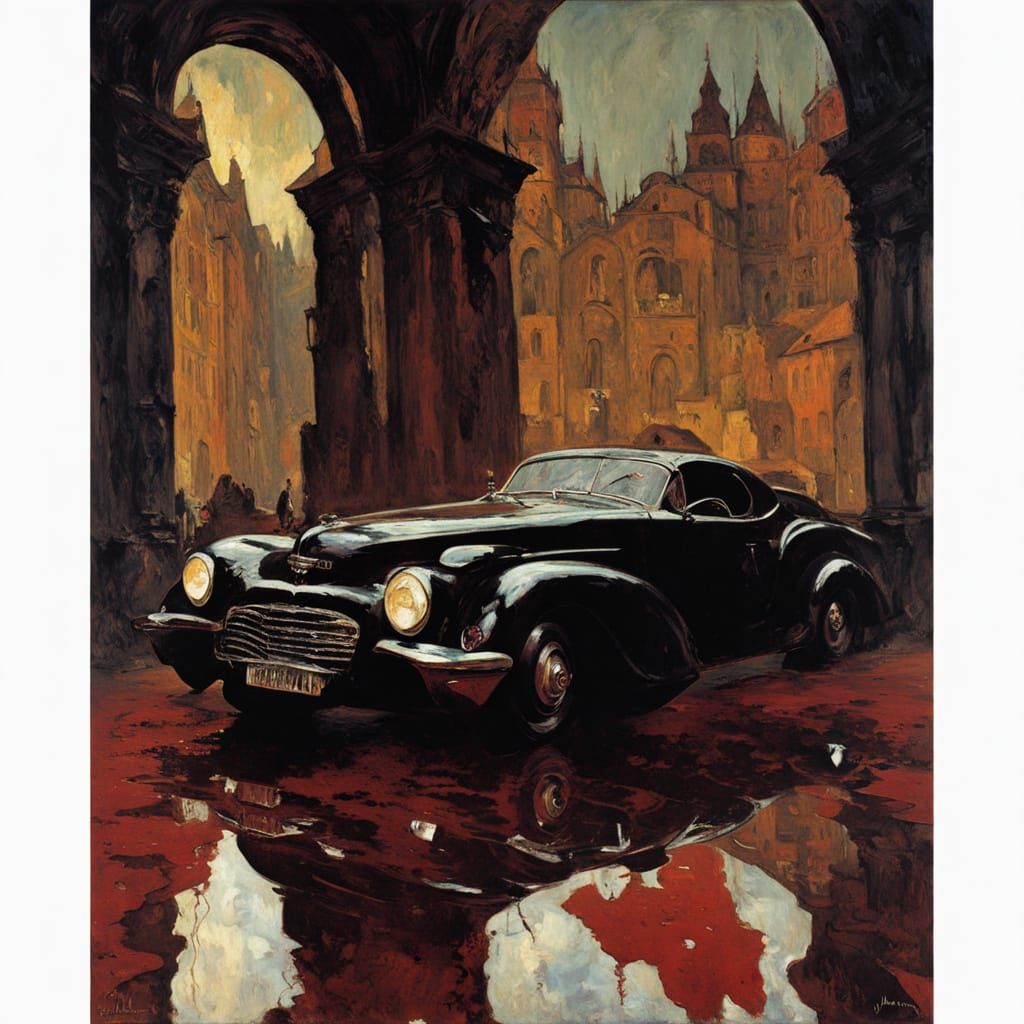 Vampire Lord Poses with Budget Muscle Car in Surreal Style