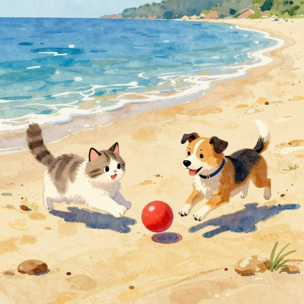 Cat and Dog Play Together on Sunny Beach
