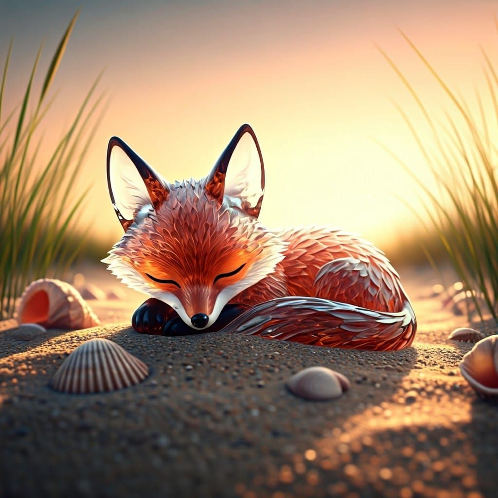 Glass Baby Fox Sleeping on a Sunny Beach