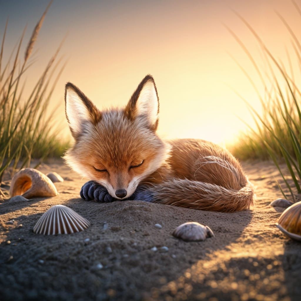Glass Baby Fox Sleeping on Beach: 3D Digital Art