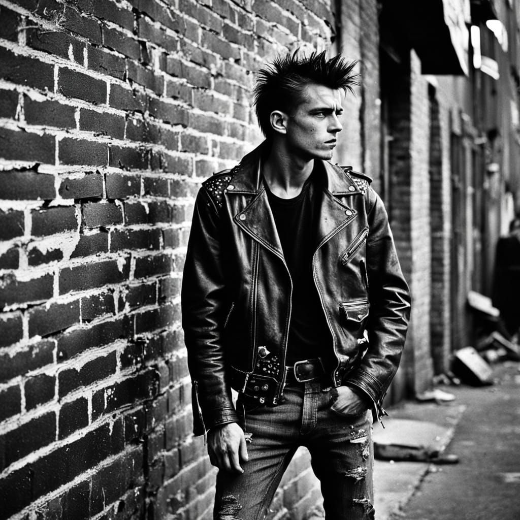 Gritty Punk Rebel Leans Against Graffiti Wall