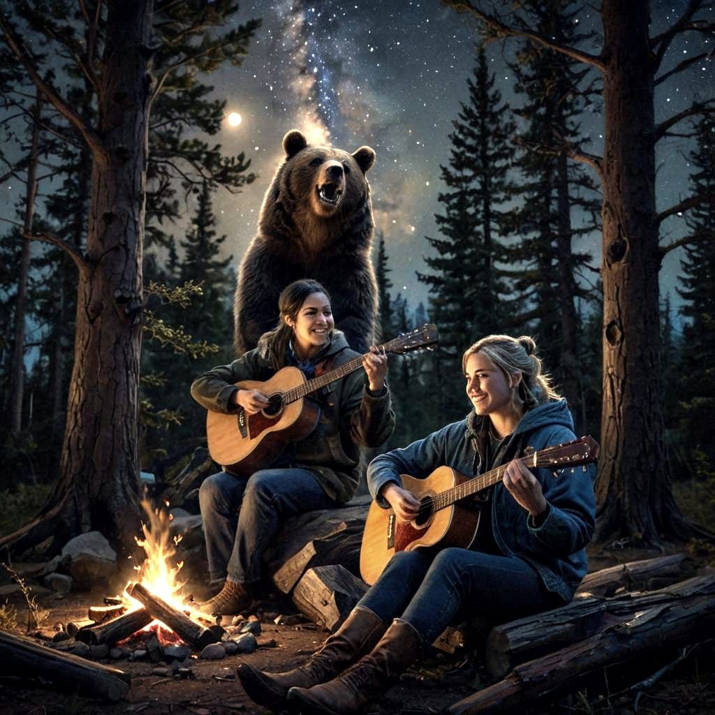 Campfire Serenade Interrupted: Pixar-Style 3D Scene