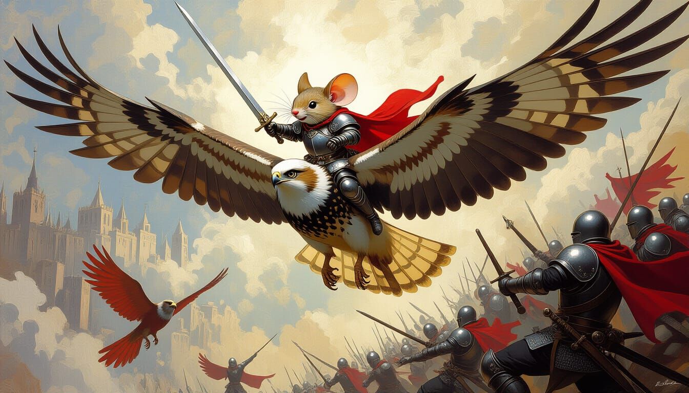 Mouse Knight Rides Hawk into Battle
