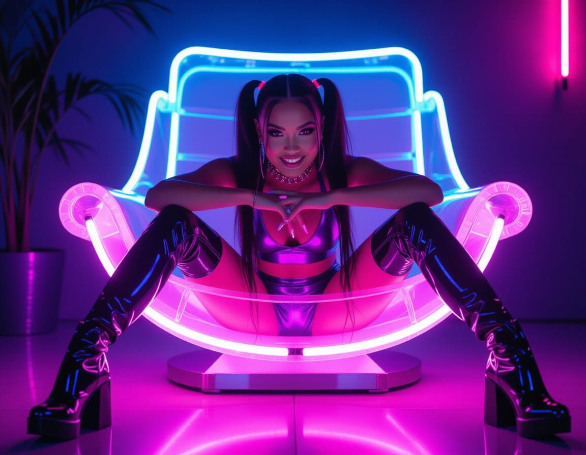 Cyberpunk Woman in Latex on Glowing Chair