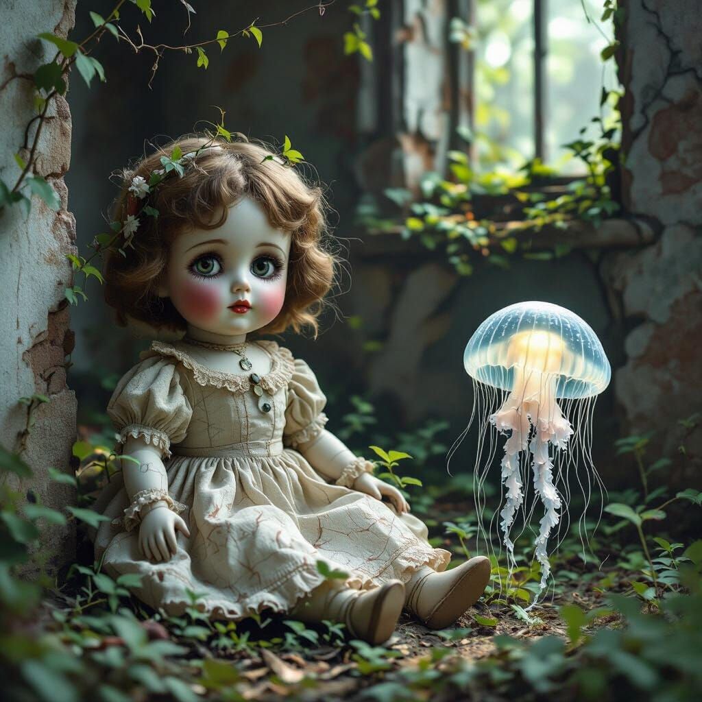 Abandoned Doll in Ruin with Spectral Jellyfish