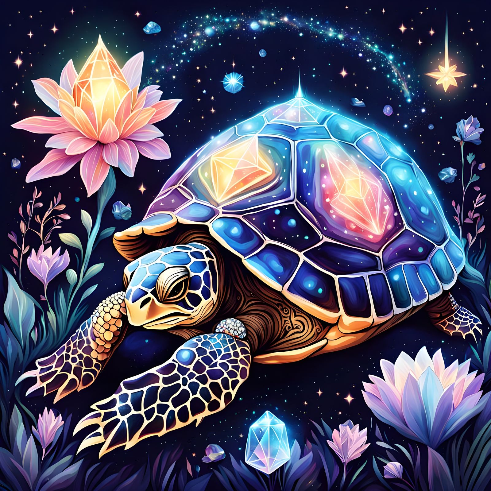 Fairy Stargazing on Giant Crystal Turtle in Space