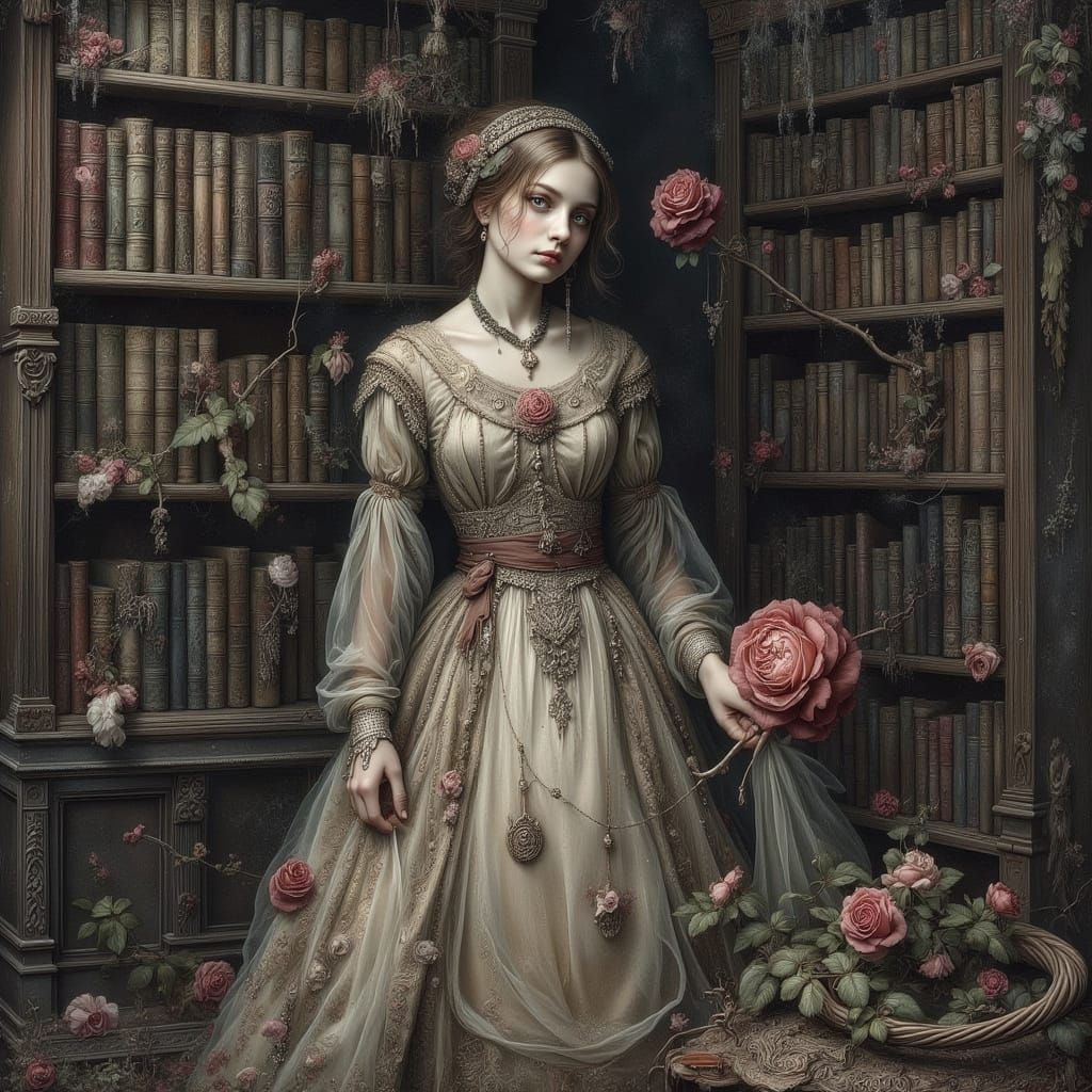 Nostalgic Woman in Antique Library with Wilting Rose