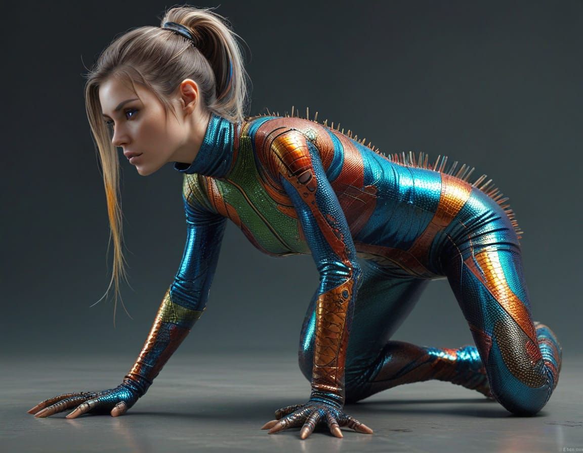 Hyper-Realistic Lizard Goddess in Metallic Armor