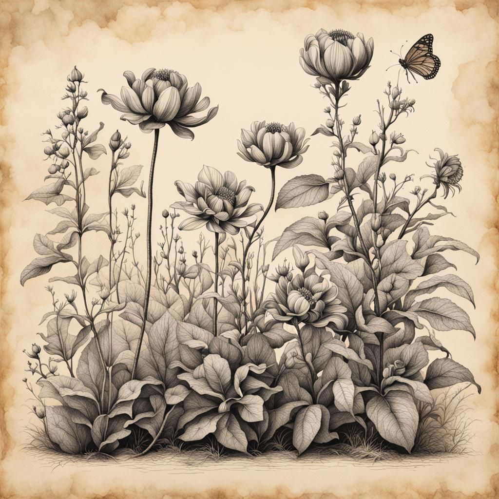 Botanical Illustration on Parchment with Ink Drawing