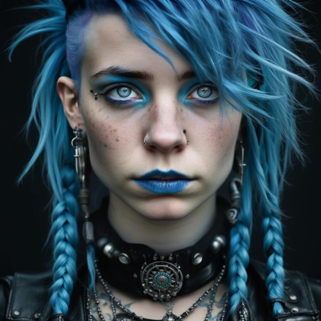 Blue-Haired Punk Girl Portrait with Piercings