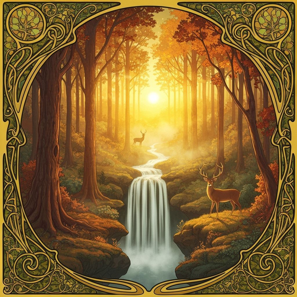 Art Nouveau Deer by Sunrise Waterfall