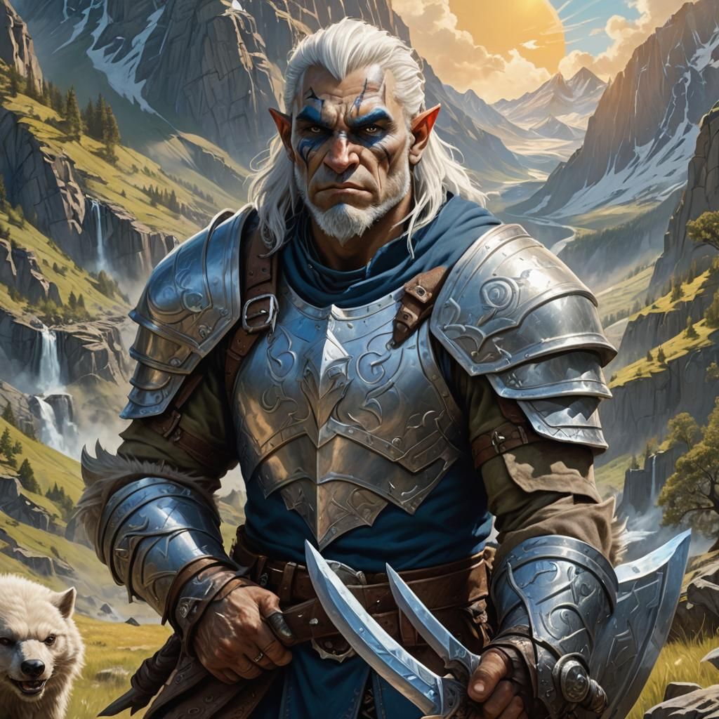 Half-Orc Ranger in Sun-Drenched Landscape, Fantasy Art