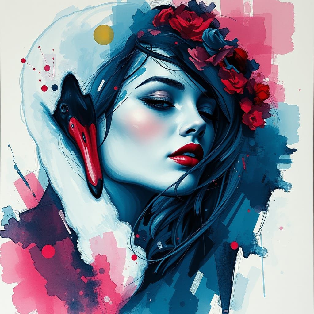 Abstract Swan Princess Portrait in Expressionist Style