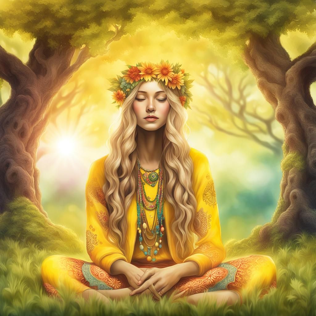 Airbrushed Illustration of a Hippie Woman at Sunrise