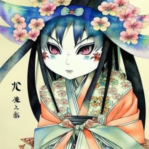 Beautiful Yokai in Watercolor Painting