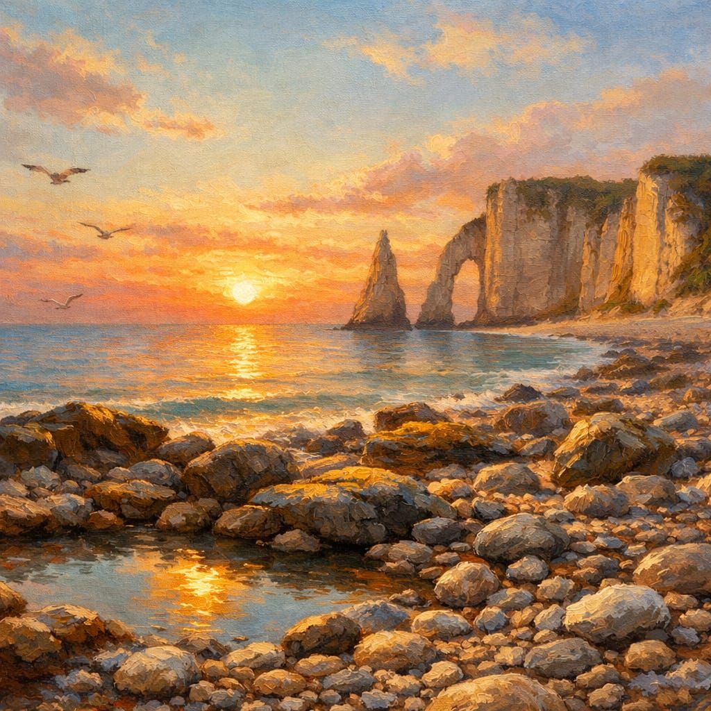Normandy Sunrise Over Stoney Beach in Painterly Realism