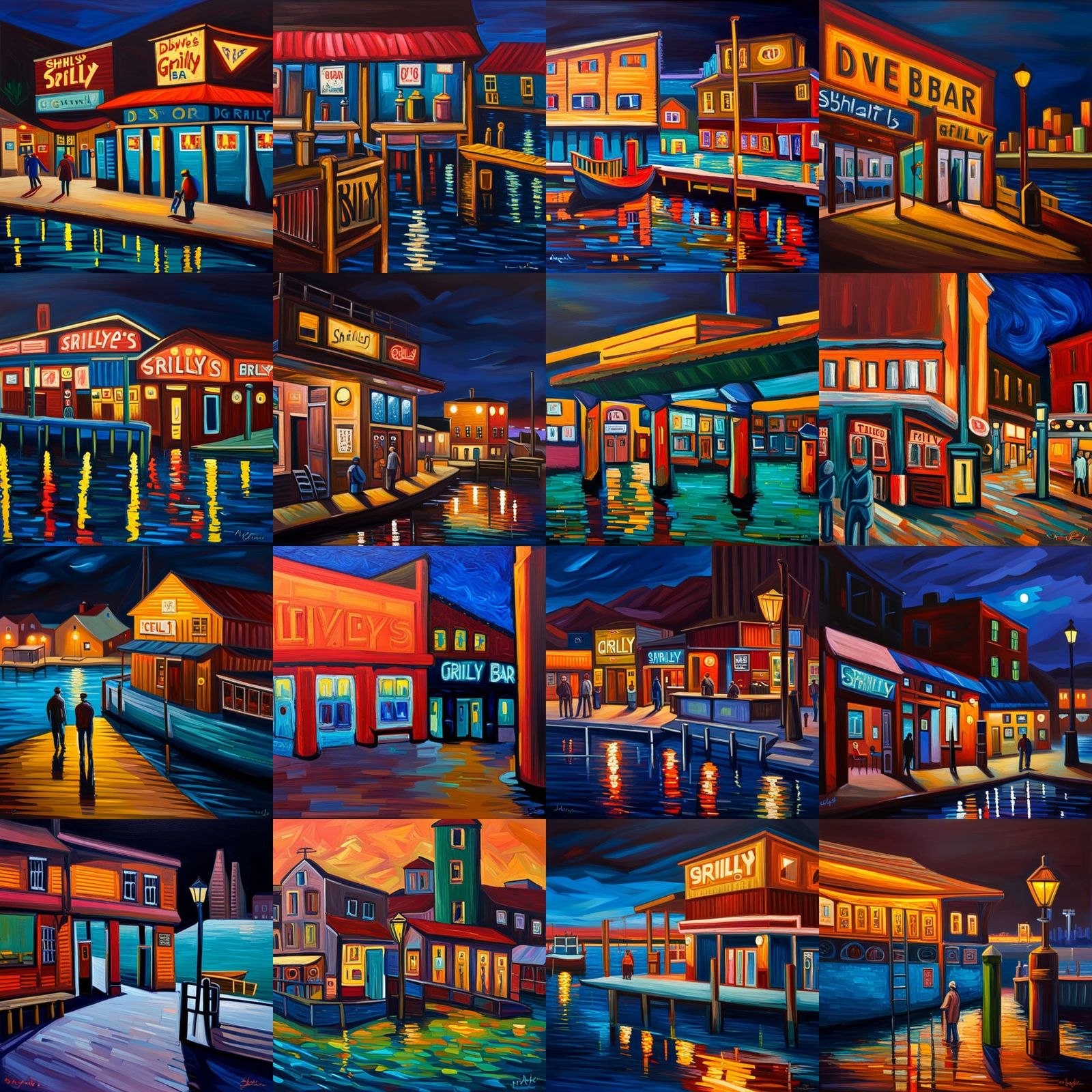 Nighttime Dive Bar Scene in Neo-Impressionist Style