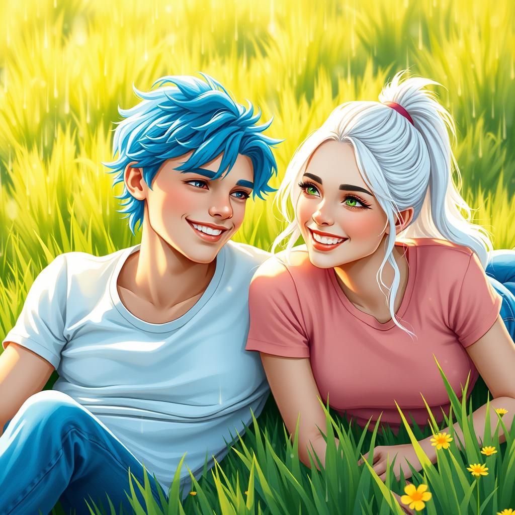 Couple in Meadow, Digital Illustration with Soft Lighting