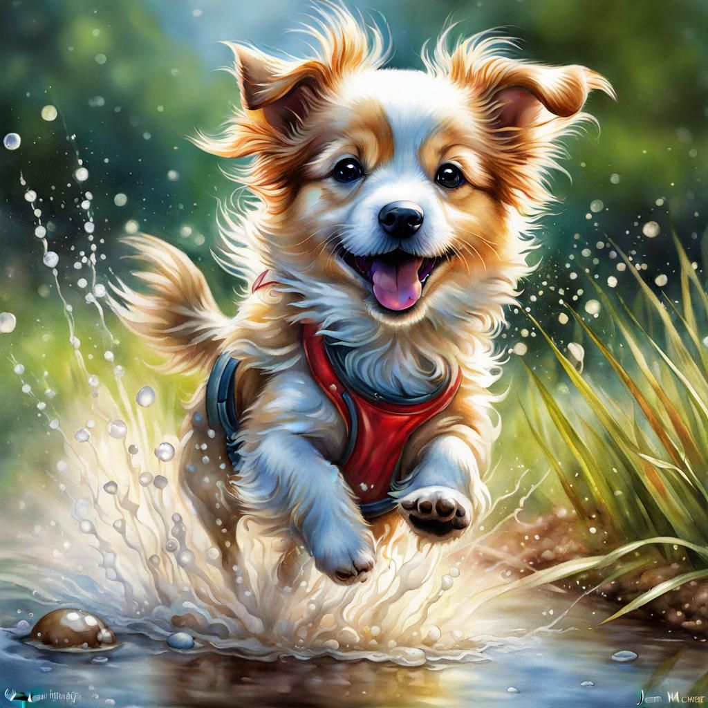 Cute Dog Fetching Frisbee in Watercolor Style
