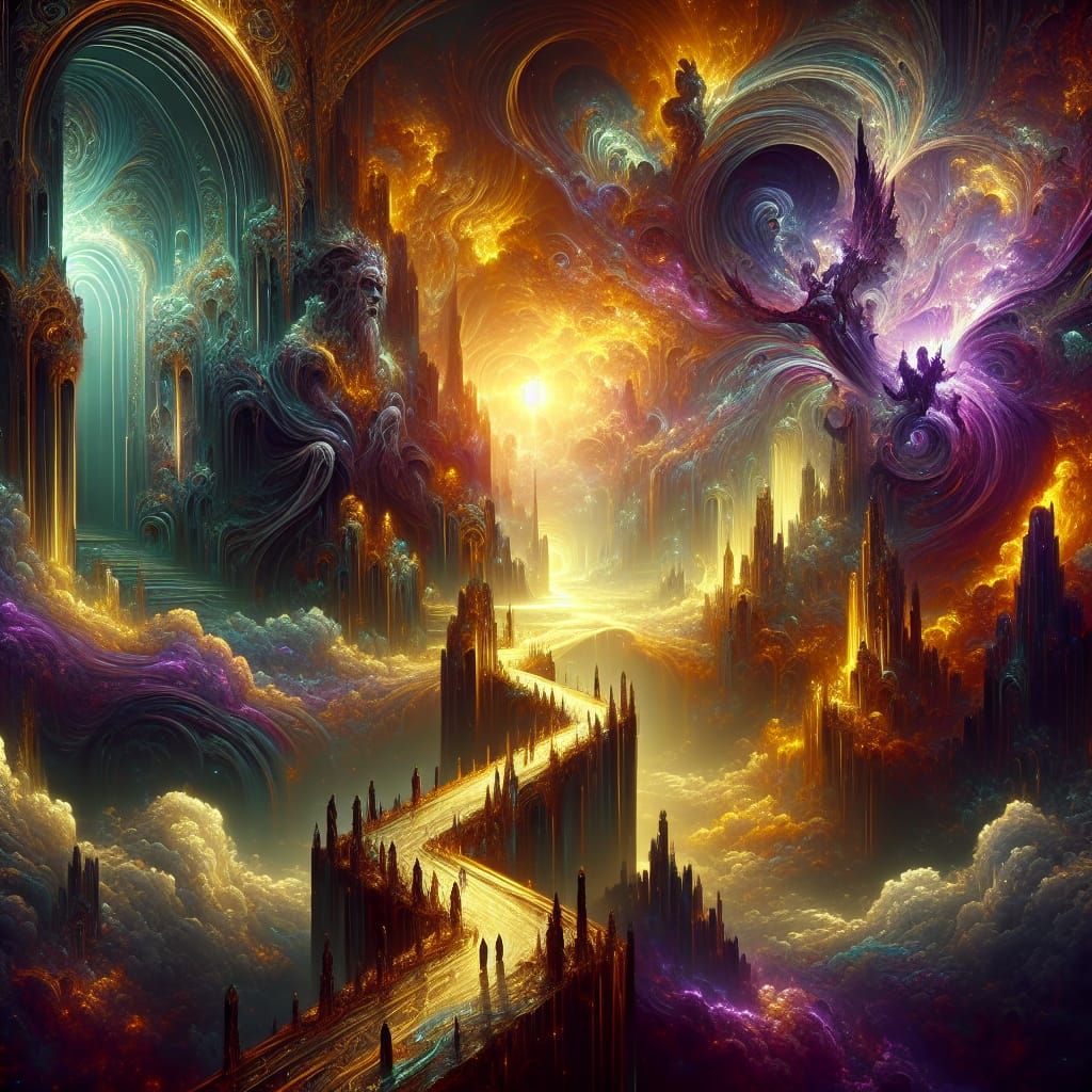 Dark Fantasy Path to Enlightenment in Art Nouveau Style