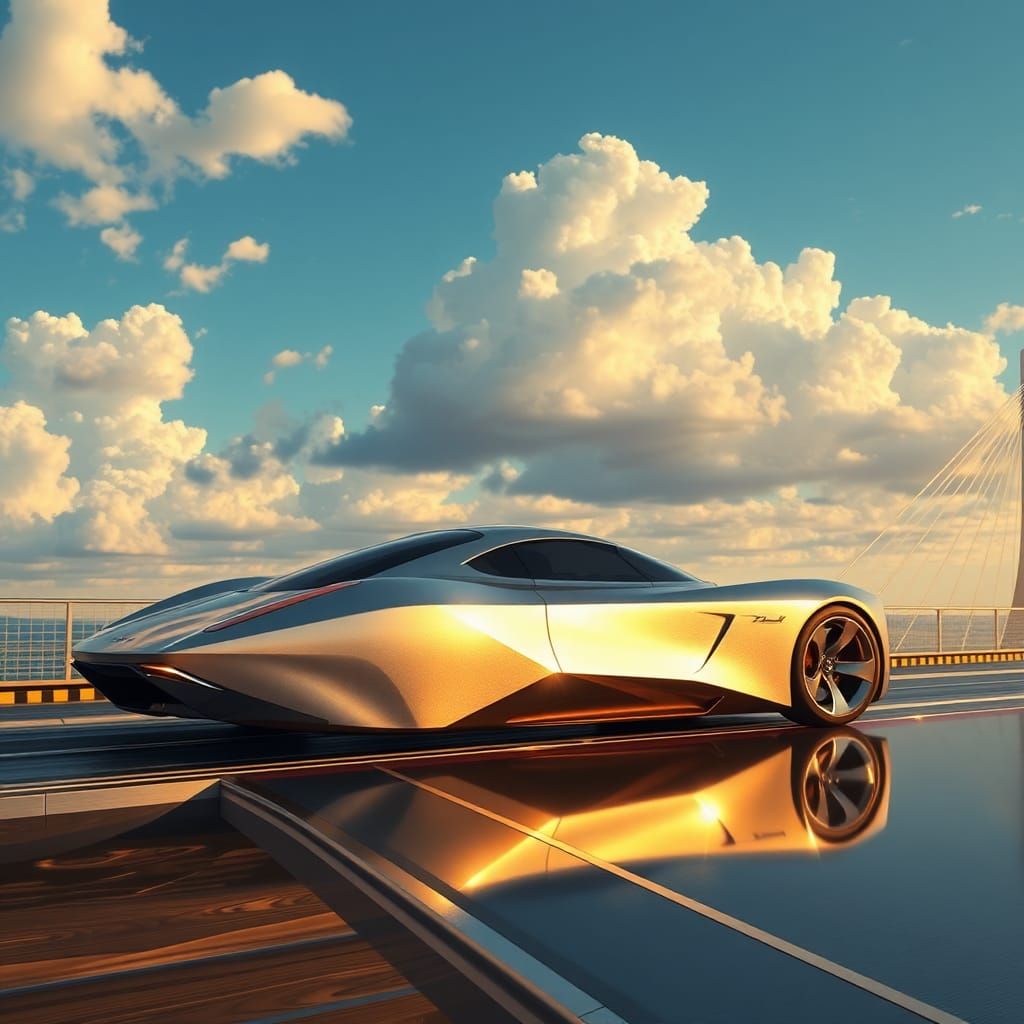 Futuristic Silver Sports Car on Diamond Bridge