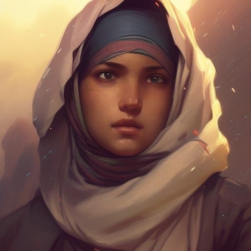 Muslim Girl Portrait in War Zone, Hyperdetailed Art
