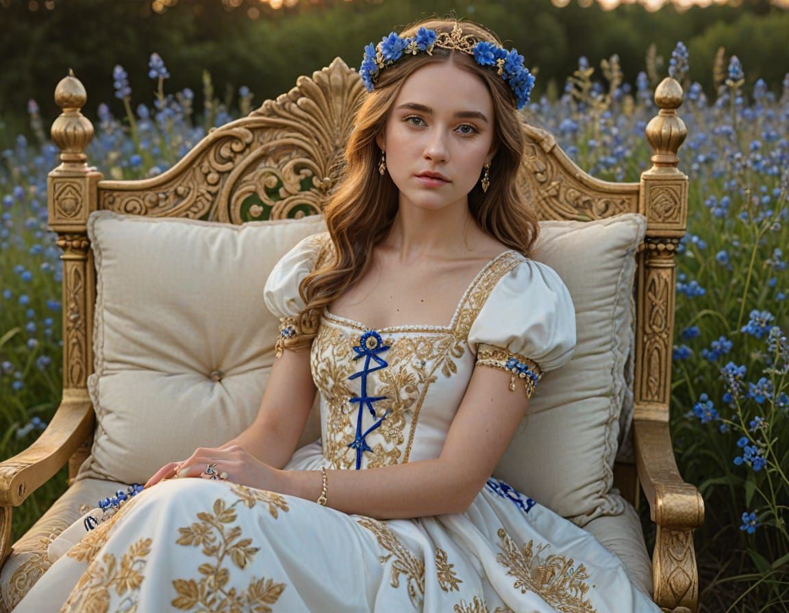Renaissance Princess on Gold Throne in Floral Field