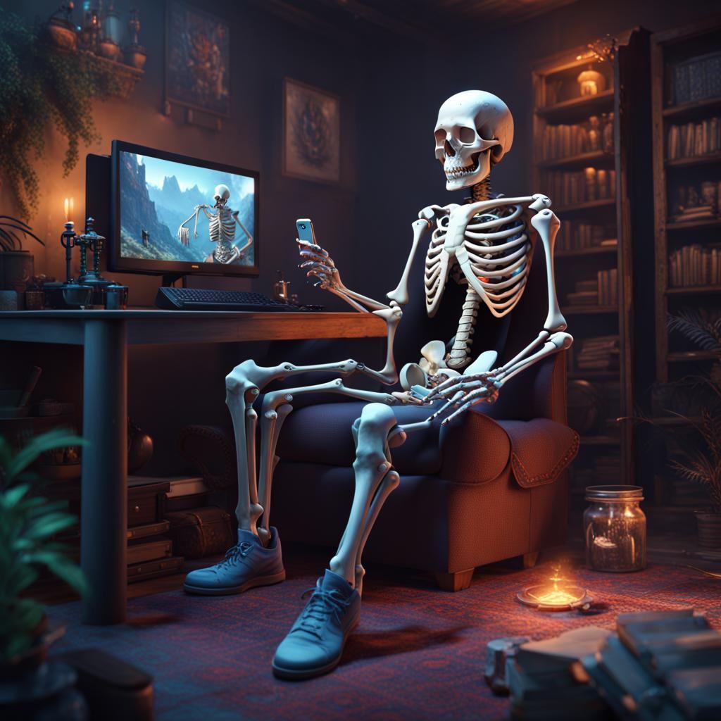 Skeleton Gamer in Detailed Matte Painting Style