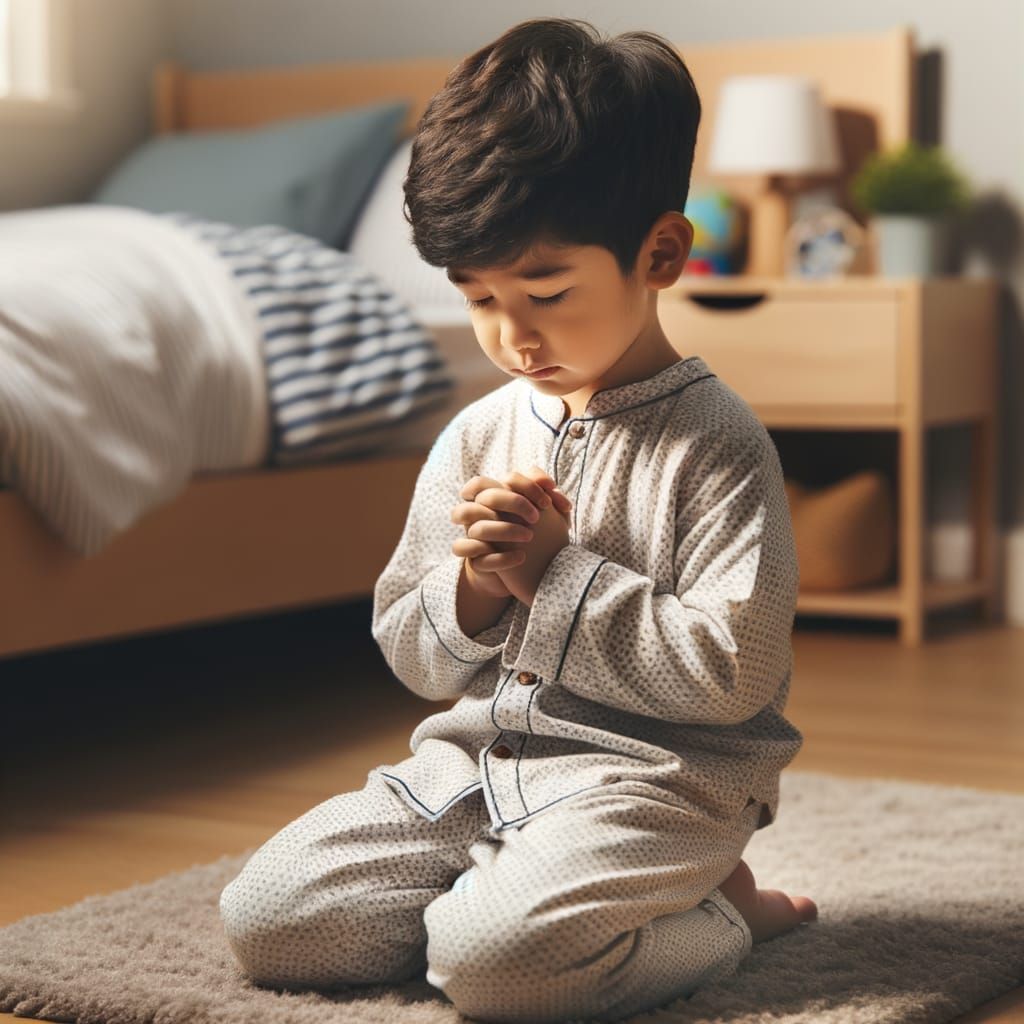 Young South Asian Boy Kneeling in Prayer Beside Bed