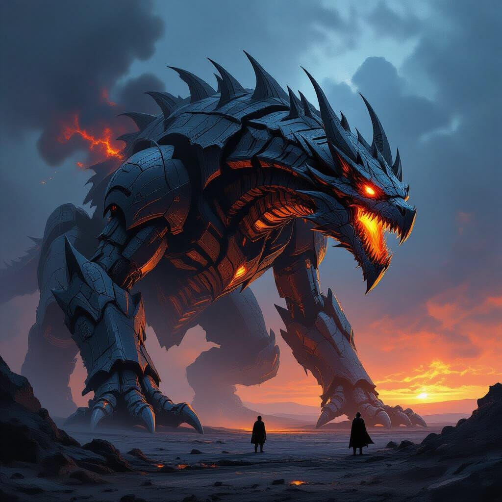 Colossal Obsidian Dragon War Machine on Volcanic Plain